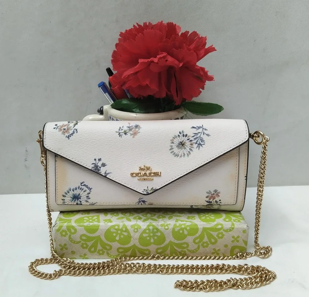 Coach White Leather Floral Flap Closure Crossbody Credit Card Wallet